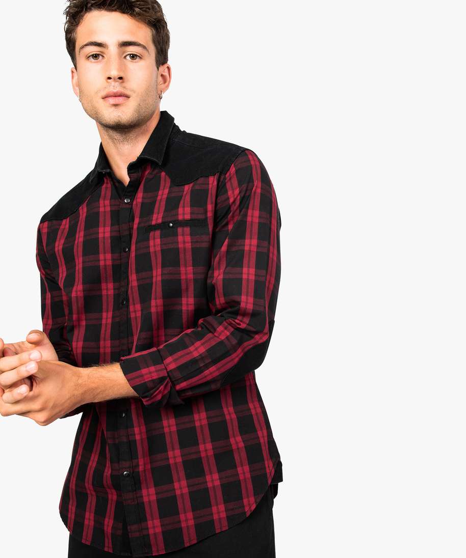 chemise a carreaux avec empiecements contrastants rouge chemise manches  longues