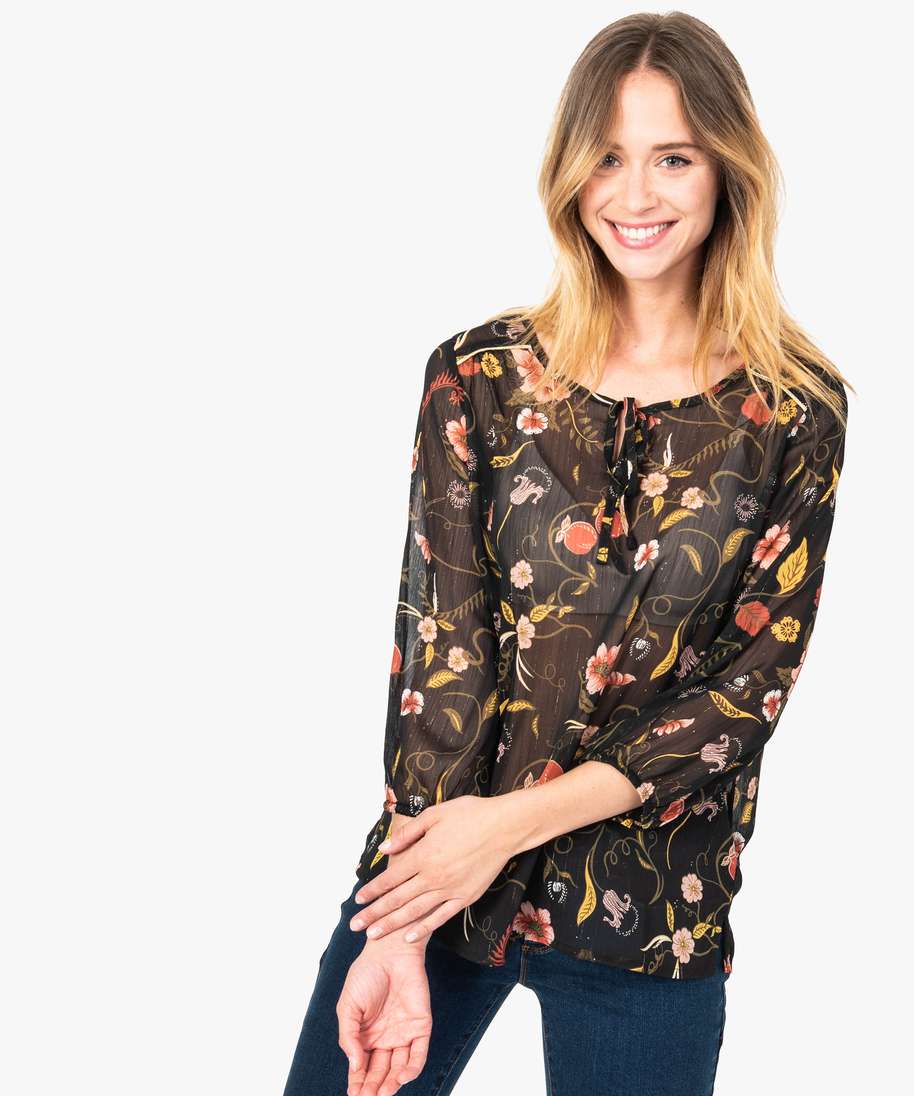 Blouse Imprimée Style Folk Camaiu Taille 42 - Occasion Très Bon état, Noir Blanc Ocre, Manches Courtes