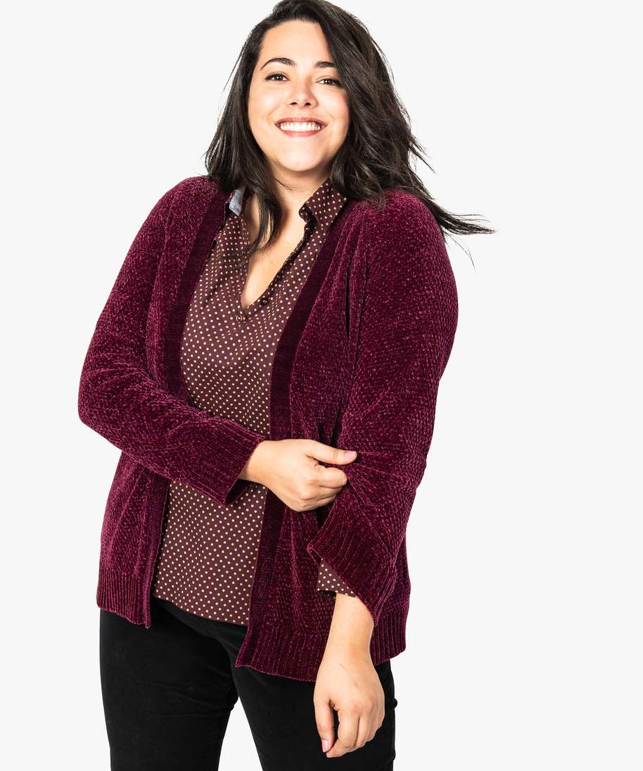 gilet femme porte ouvert en maille chenille violet femme | GÉMO