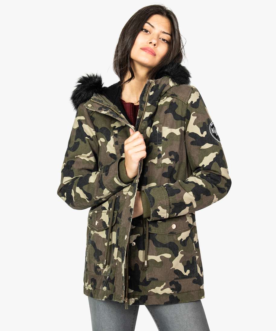 parka a capuche avec bord amovible vert manteaux femme GEMO