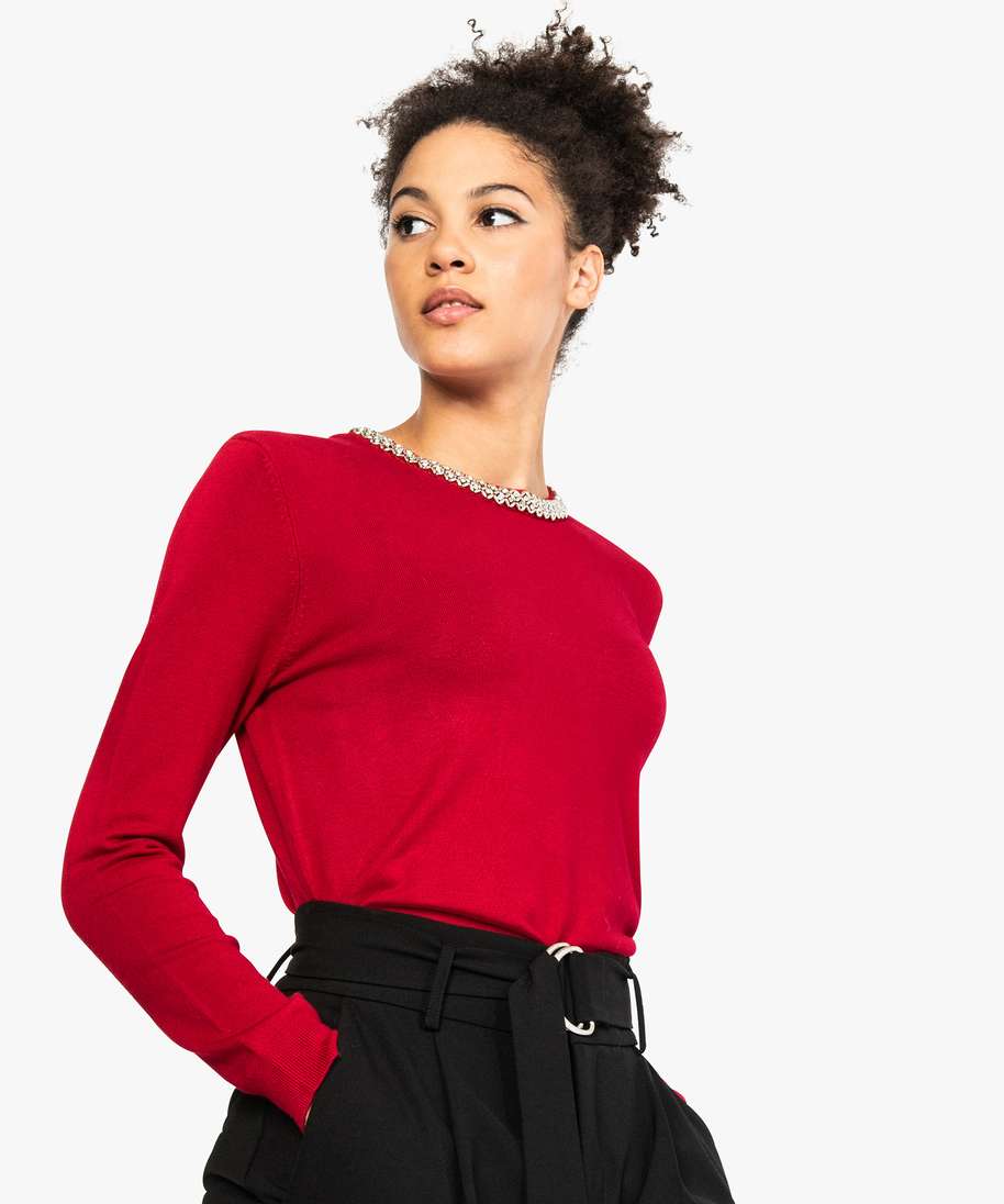 pull fin avec col rond brode de perles et strass pour femme rouge pulls femme GEMO