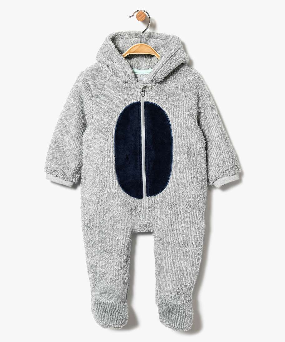 surpyjama bebe en maille peluche motif dragon gris