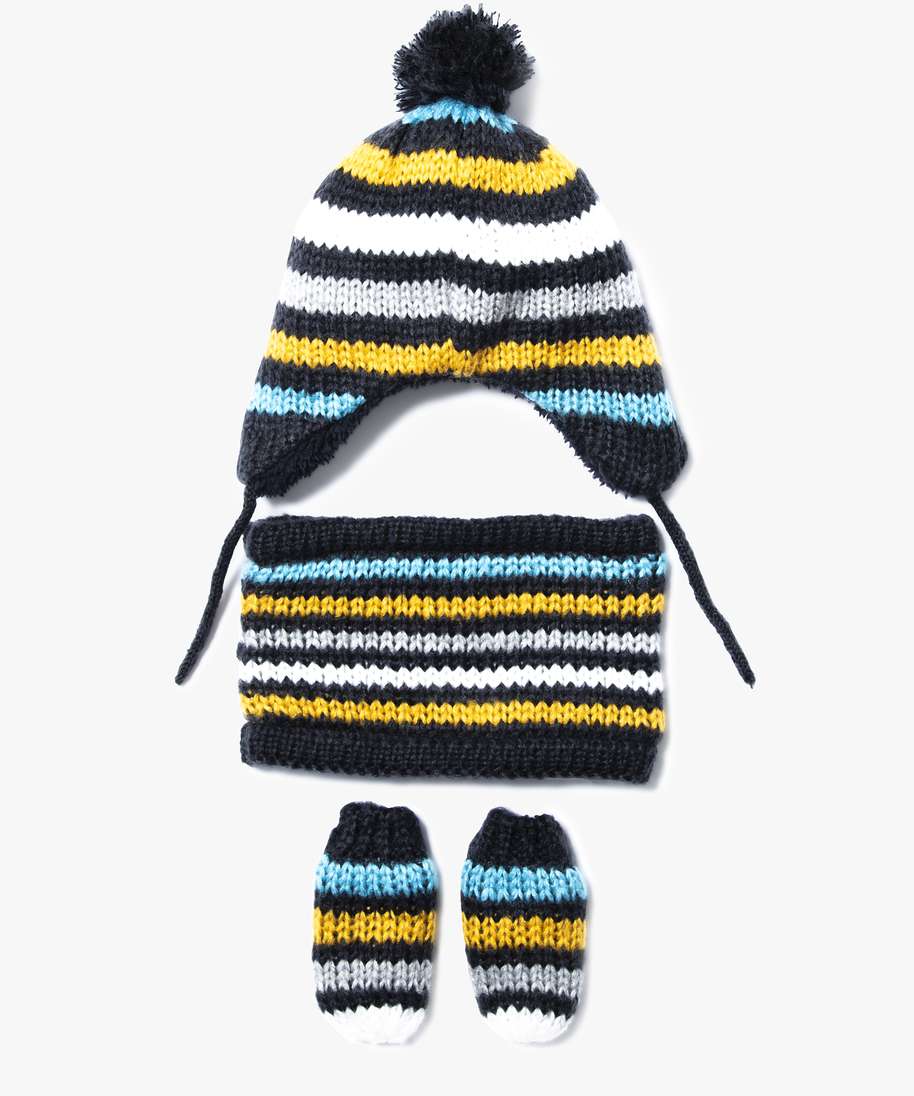 Gemo Accessoires Bebe Garcon Ensemble Raye Bonnet Peruvien Snood Moufles Multicolore Bebe Gemo