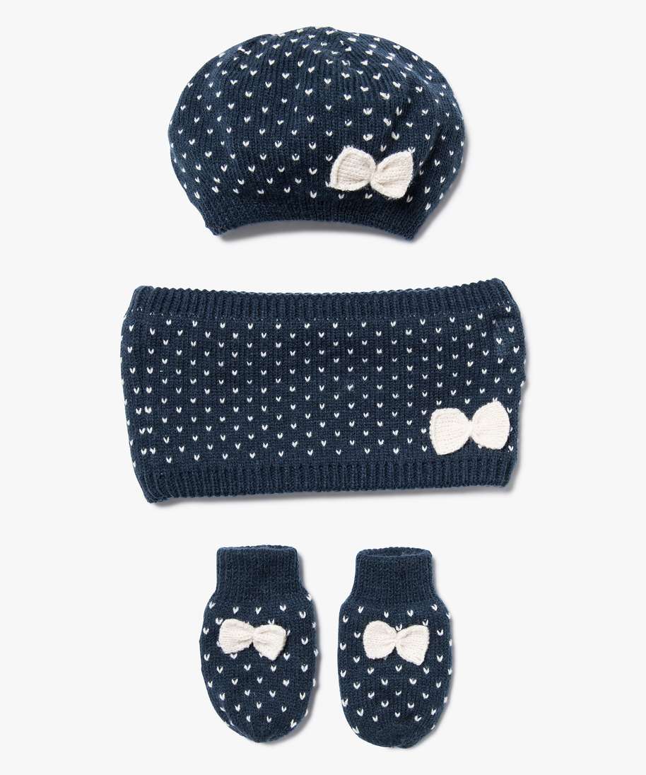 ensemble 3 pieces bebe fille bonnet tour de cou moufles bleu bebe