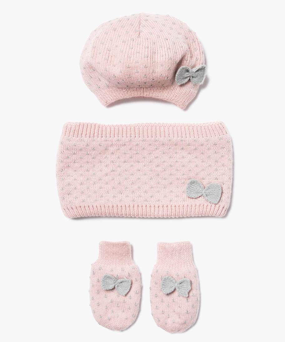 ensemble 3 pieces bebe fille bonnet tour de cou moufles rose