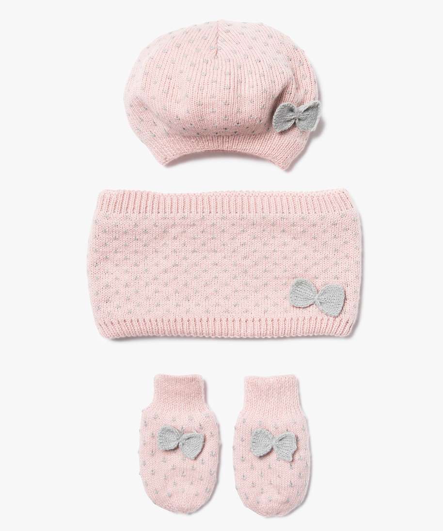 ensemble 3 pieces bebe fille bonnet tour de cou moufles rose bebe