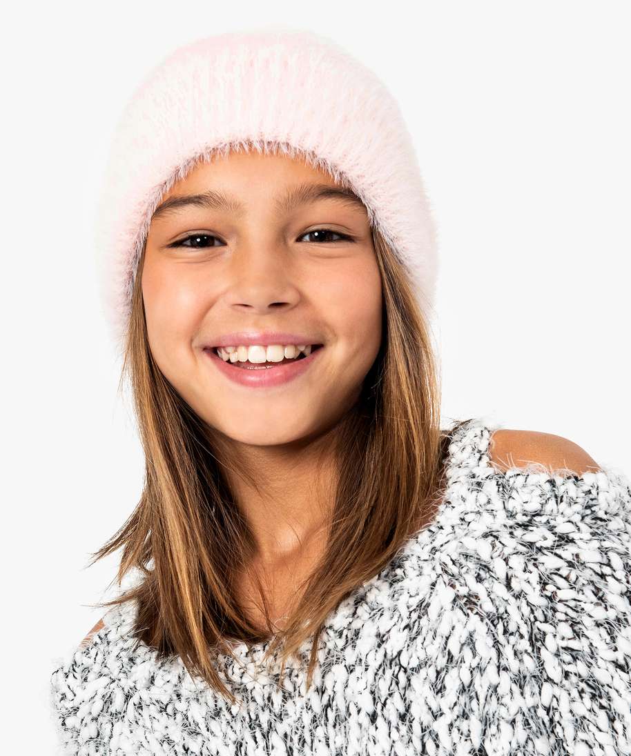 bonnet en maille poilue avec inscription sur le revers rose fille GEMO