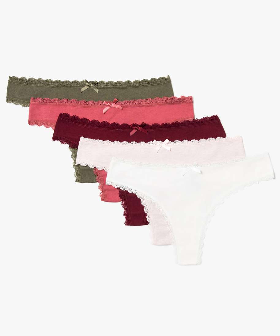 strings femme en coton avec taille en dentelle (lot de 5) rouge strings  tangas