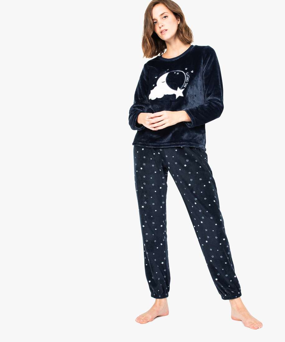pyjama femme en matiere peluche imprimee bleu pyjamas ensembles