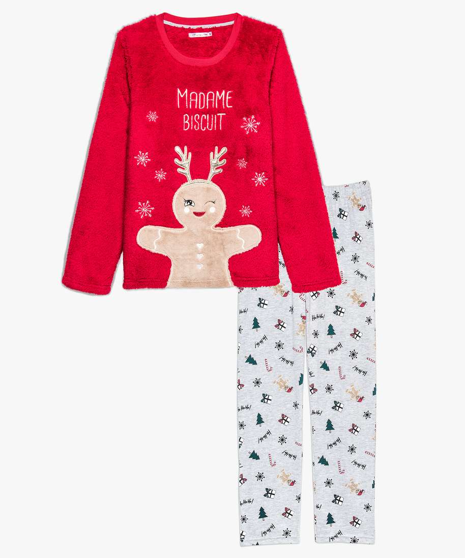 pyjama femme special noel pull polaire et pantalon jersey rouge pyjamas