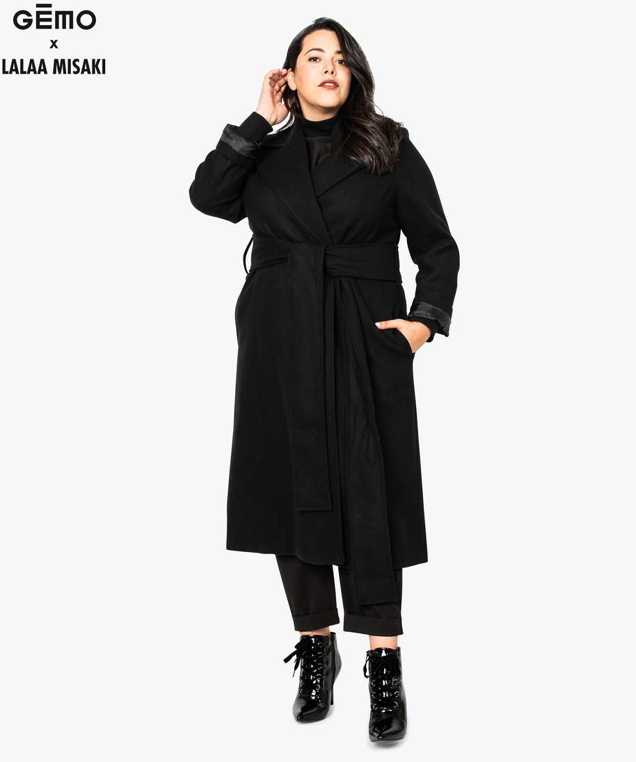 manteau long femme en drap de laine a ceinturer gemo x lalaa misaki noir femme GEMO
