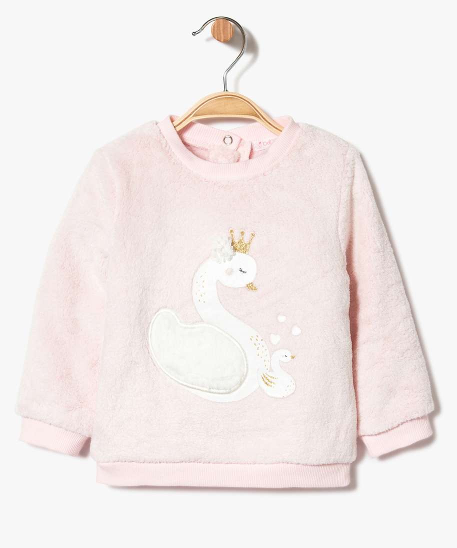 Gemo Vetements Fille Sweat Bebe Fille En Maille Peluche Avec Motif Cygne Sur Lavant Rose Bebe Gemo
