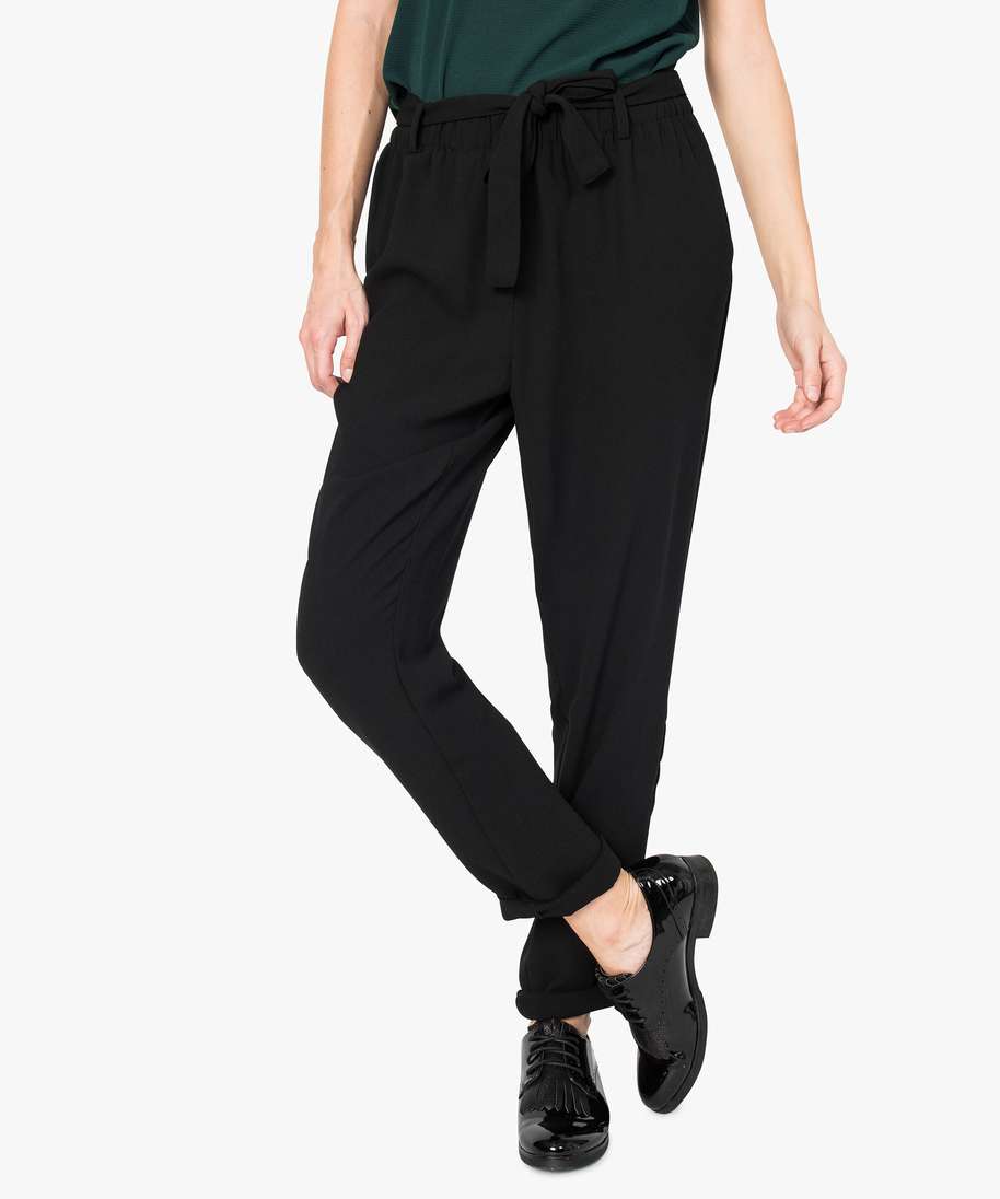 pantalon femme grande taille carotte texture a taille elastiquee noir pantalons  femme