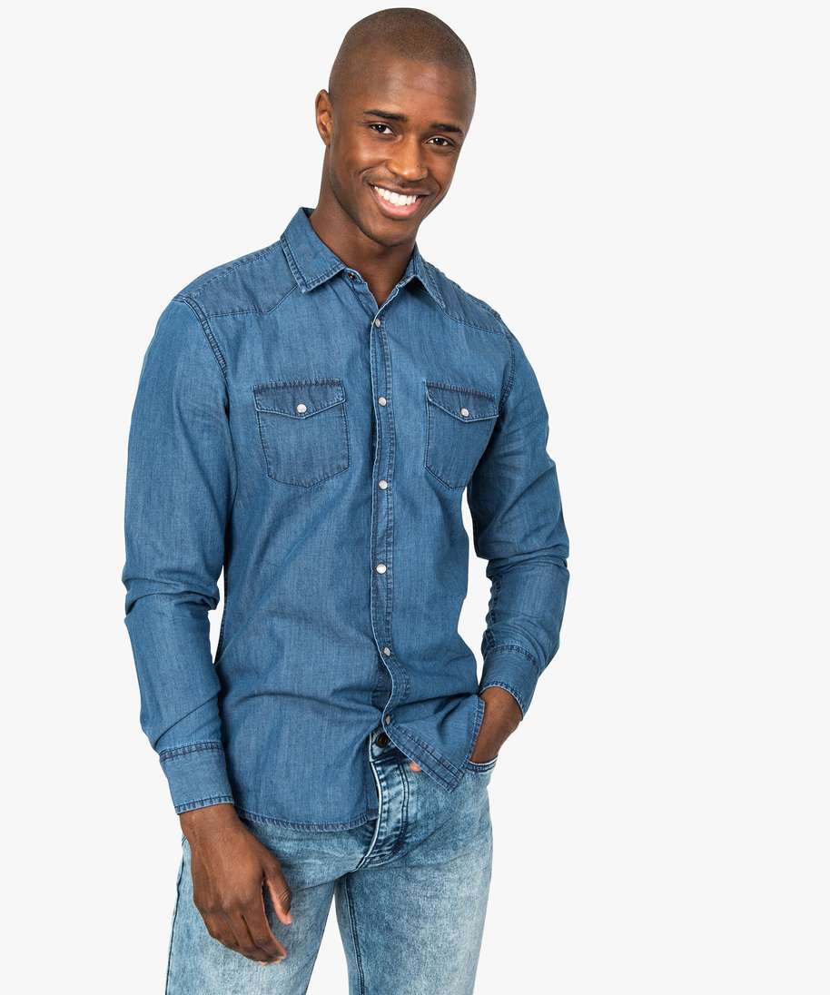 chemise homme denim a boutons-pression et poches poitrine bleu