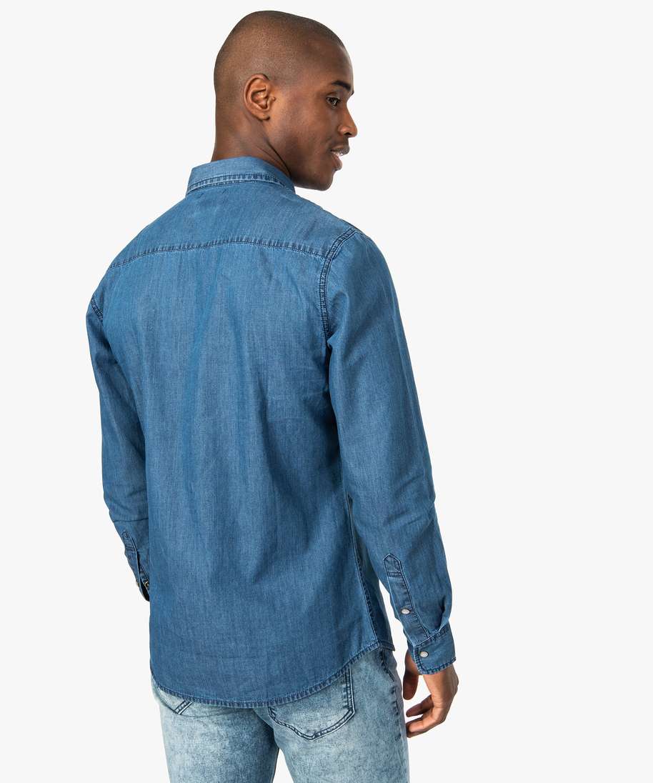 chemise homme denim a boutons pression et poches poitrine bleu chemise manches longues homme GEMO