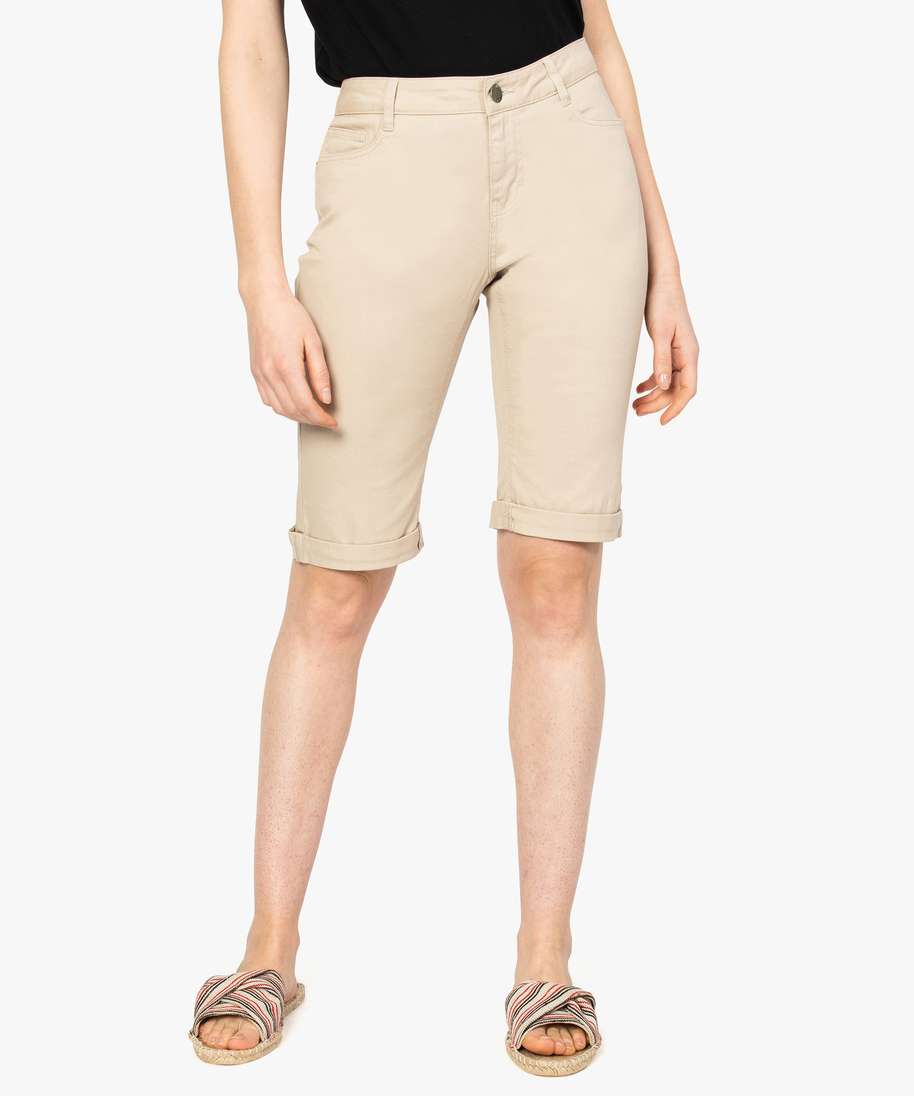 bermuda femme uni en toile extensible beige shorts femme GEMO