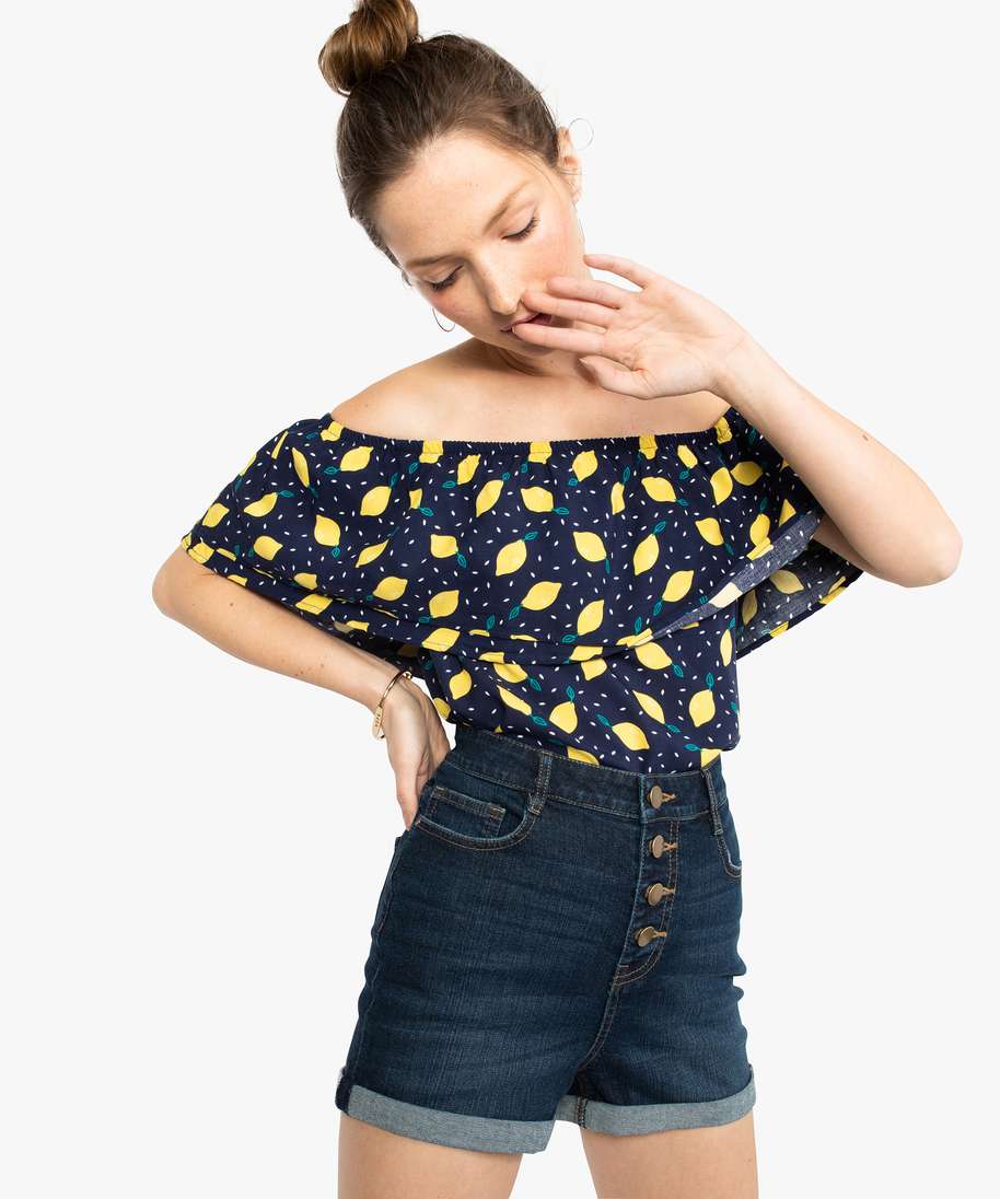 tunique femme imprimee a col bardot et volant imprime blouses