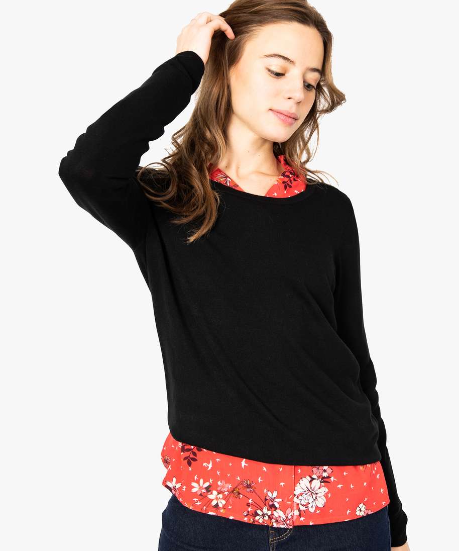 pull femme en maille fine extensible a grand col rond noir pulls