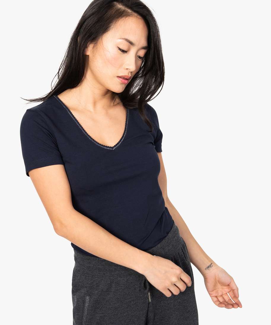t-shirt femme col V - coton extensible avec élasthanne - manches