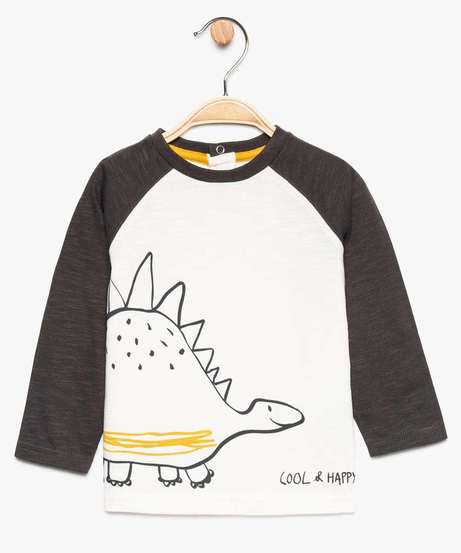 Gemo Vetements Garcon Tee Shirt Bebe Garcon Manches Contrastantes Et Motif Dinosaure En Coton Bio Beige Bebe Gemo