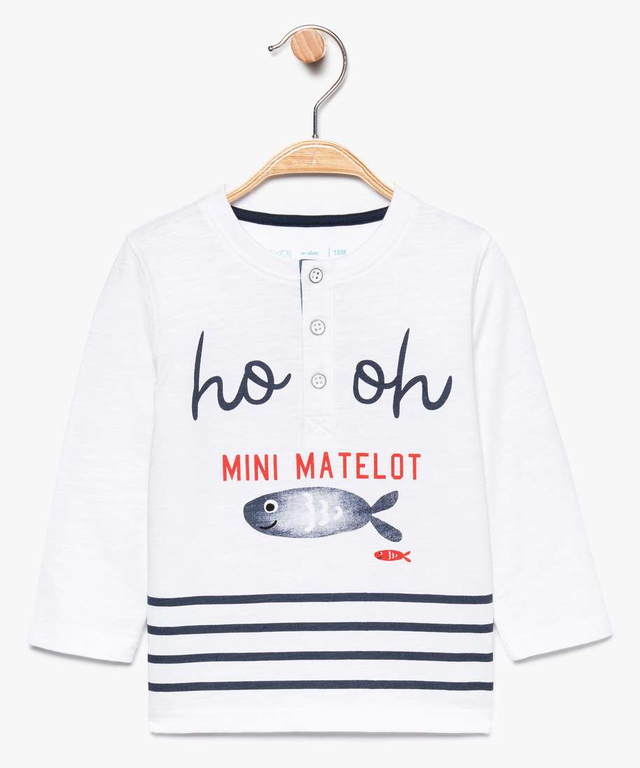 Gemo Vetements Garcon Jean Bebe Garcon Col Tunisien Imprime Marin Blanc Bebe Gemo