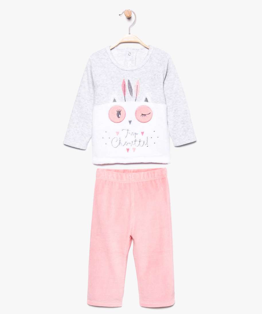 Pyjama bébé fille en velours imprimé - Blanc/rose