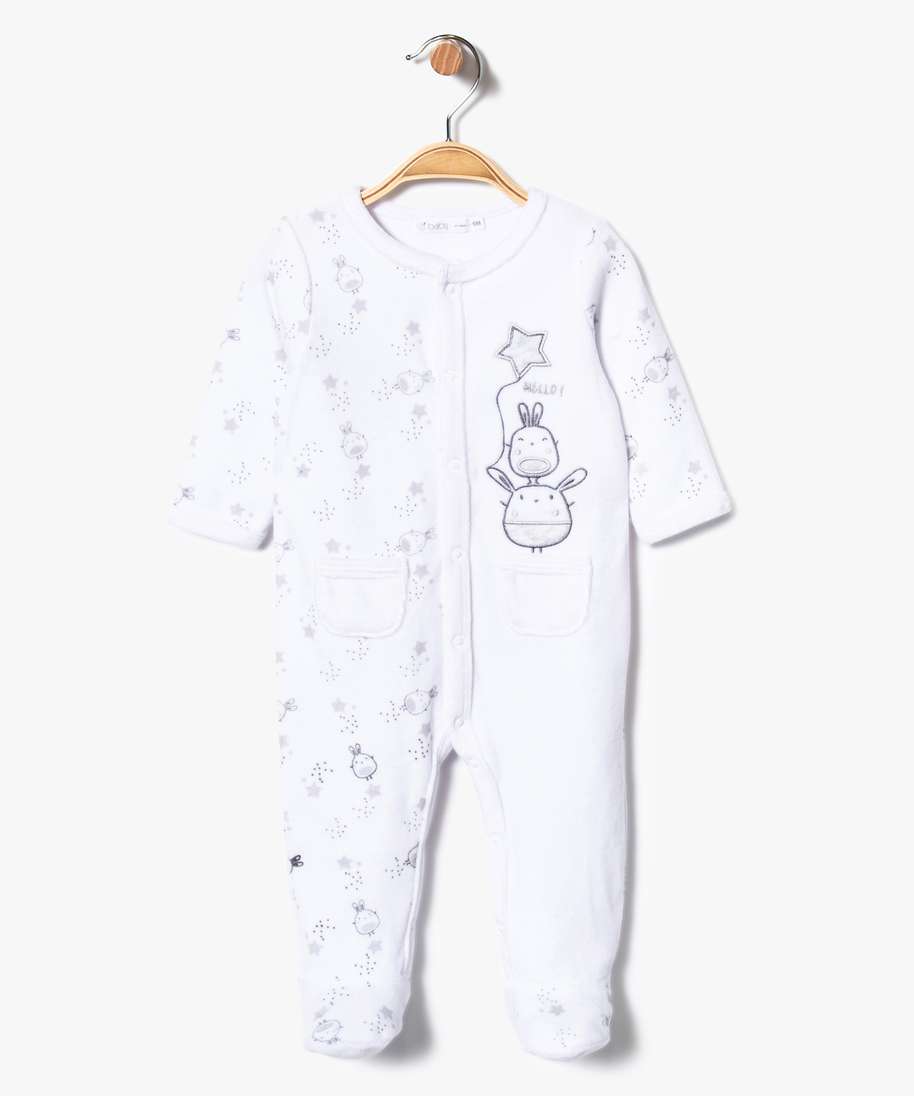 pyjama bebe en velours ouverture devant et motifs fantaisie blanc