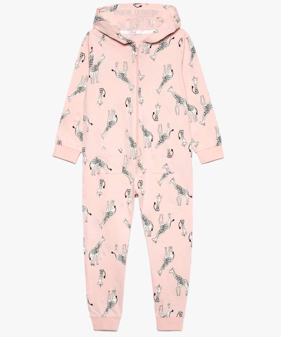 combinaison pyjama fille a capuche imprimee et motif girafes imprime pyjamas