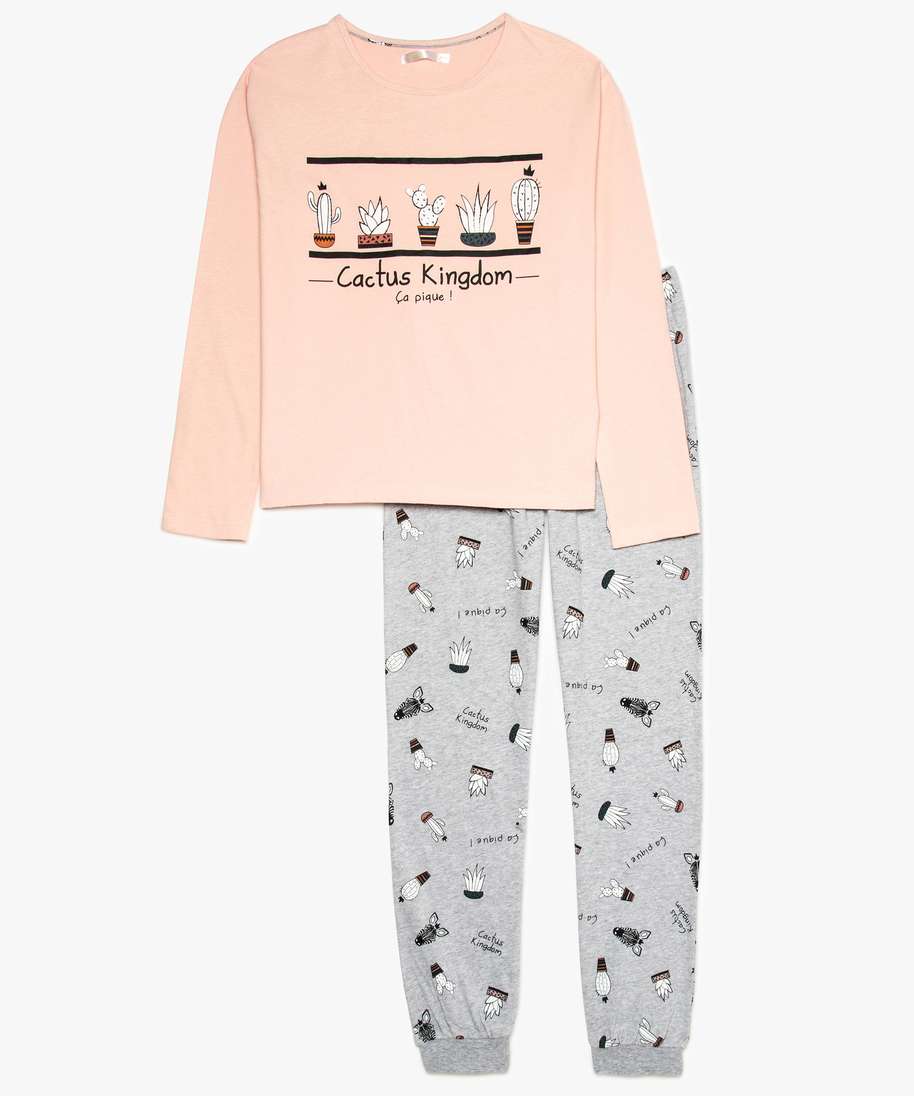 pyjama fille en coton epais imprime cactus 2 pieces rose pyjamas