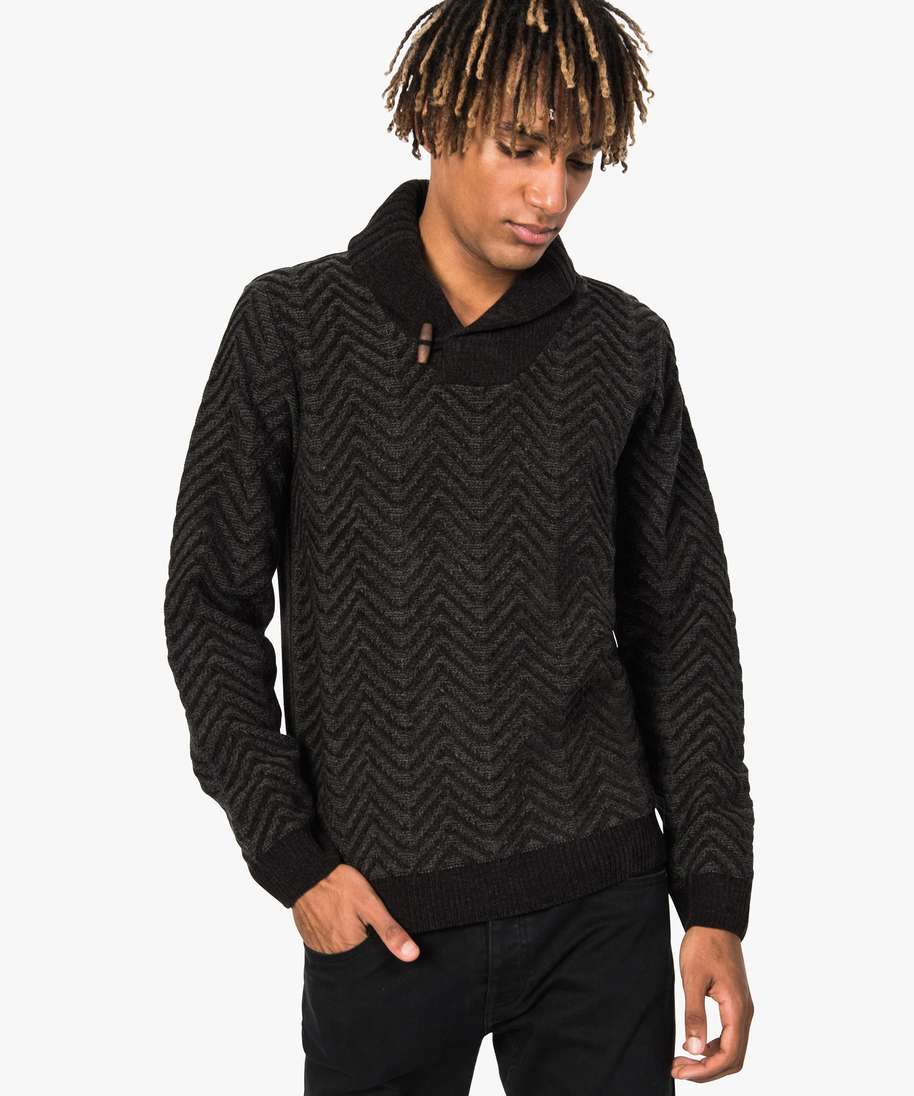 Gemo Vetements Pull Homme Col Chale A Cotes Chevrons En Maille Chenille Noir Pulls Homme Gemo