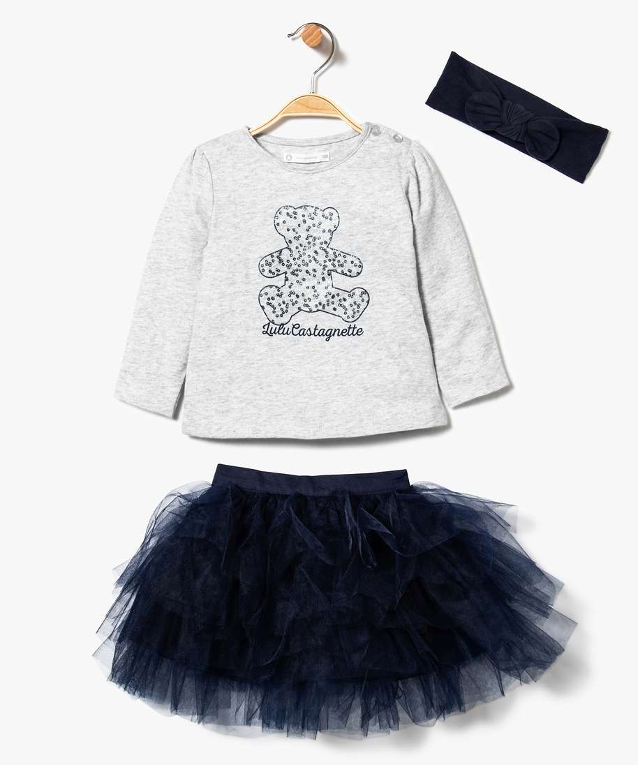 ensemble bebe (3 pieces) tee-shirt jupe bandeau pour les cheveux lulu  castagnette bleu ensembles