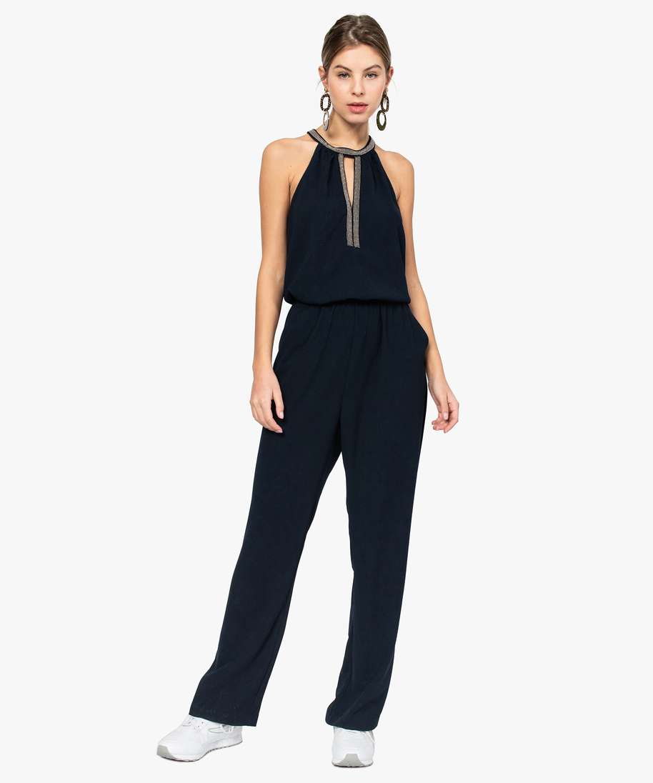 combinaison femme en crepe sans manches avec perles argent bleu pantalons  femme | GÉMO