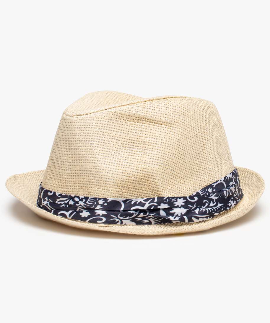 chapeau homme trilby en papier avec ruban a motifs beige