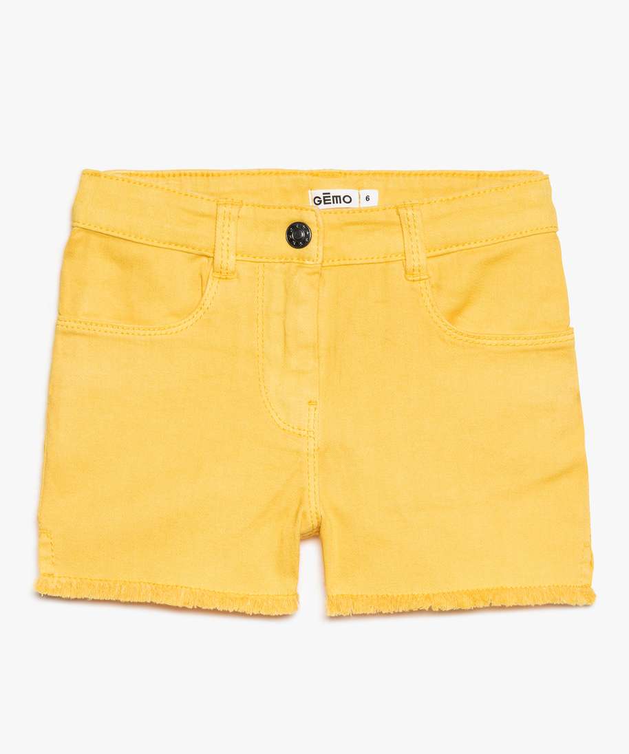 short fille en toile au coloris uni et finitions franges jaune
