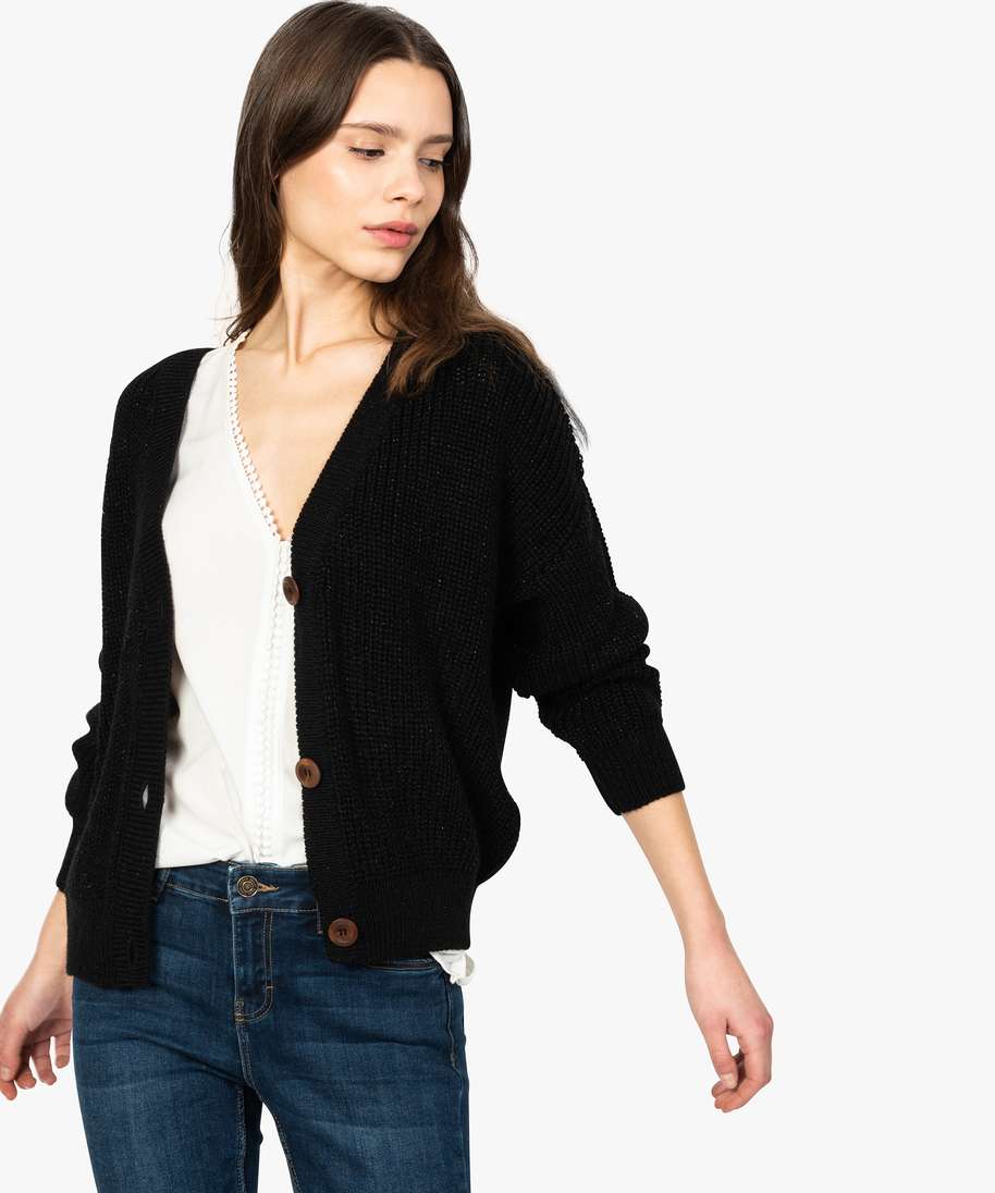 gilet femme a grosse maille et fil paillete noir gilets femme | GÉMO