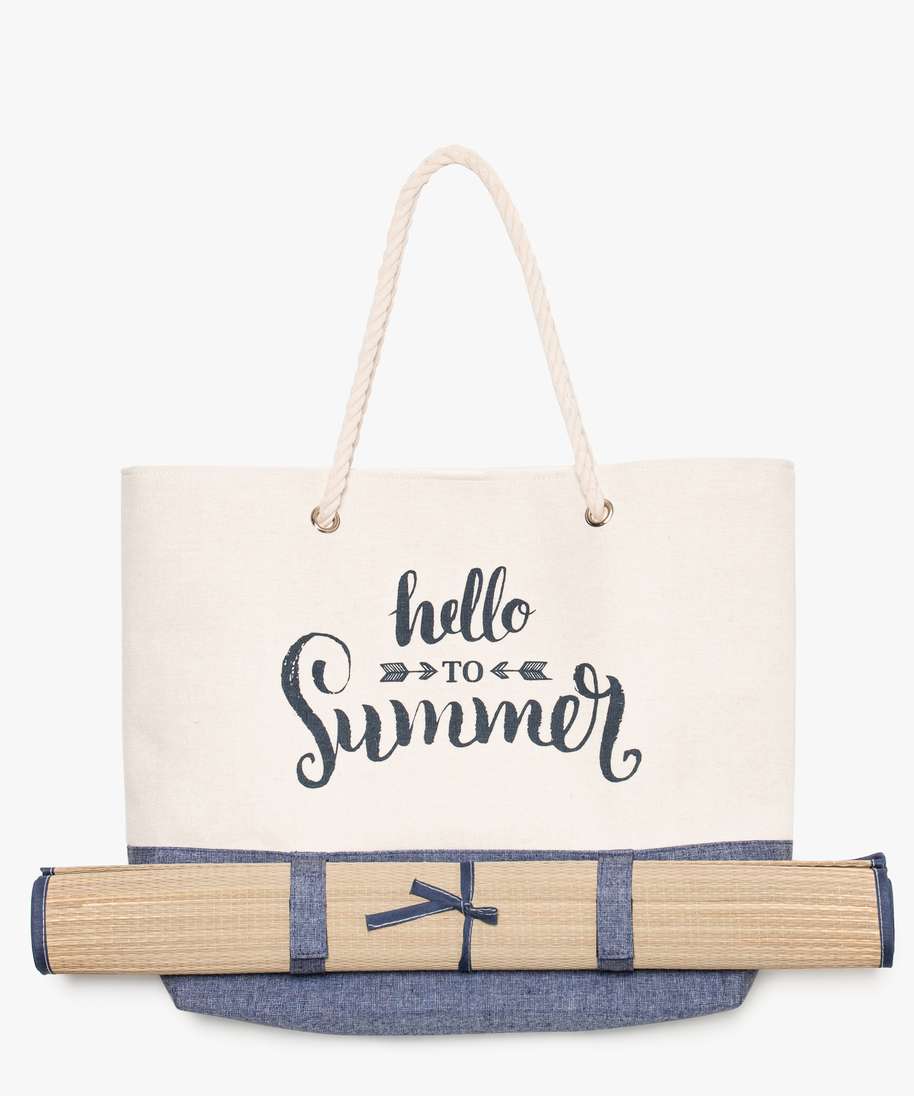 sac de plage en toile bicolore avec inscription et natte de plage bleu cabas grand volume femme GEMO