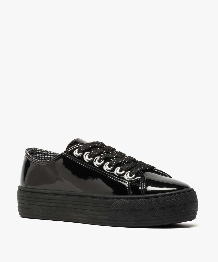 tennis femme vernies a semelle plateforme et lacets pailletes noir