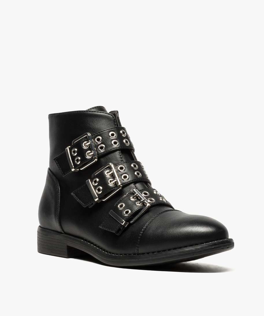 boots femme avec trois brides a boucles et oillets metallises noir bottines et boots femme GEMO