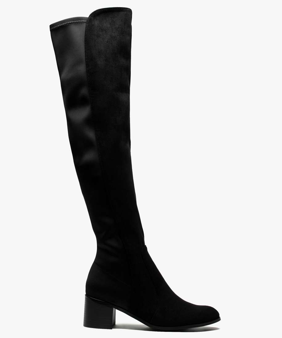 bottes cuissardes femme bi-matieres avec petit talon noir bottes promos