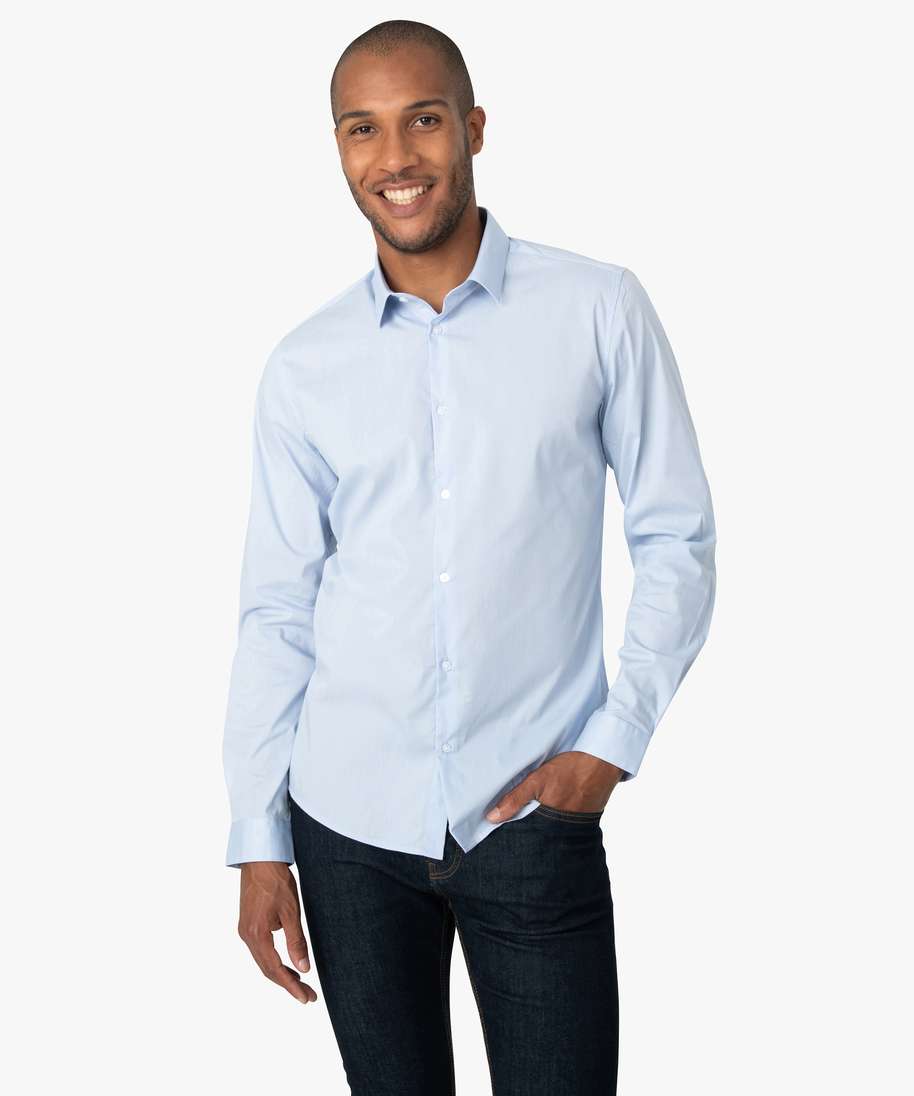 chemise homme unie coupe slim en coton stretch bleu chemise manches longues