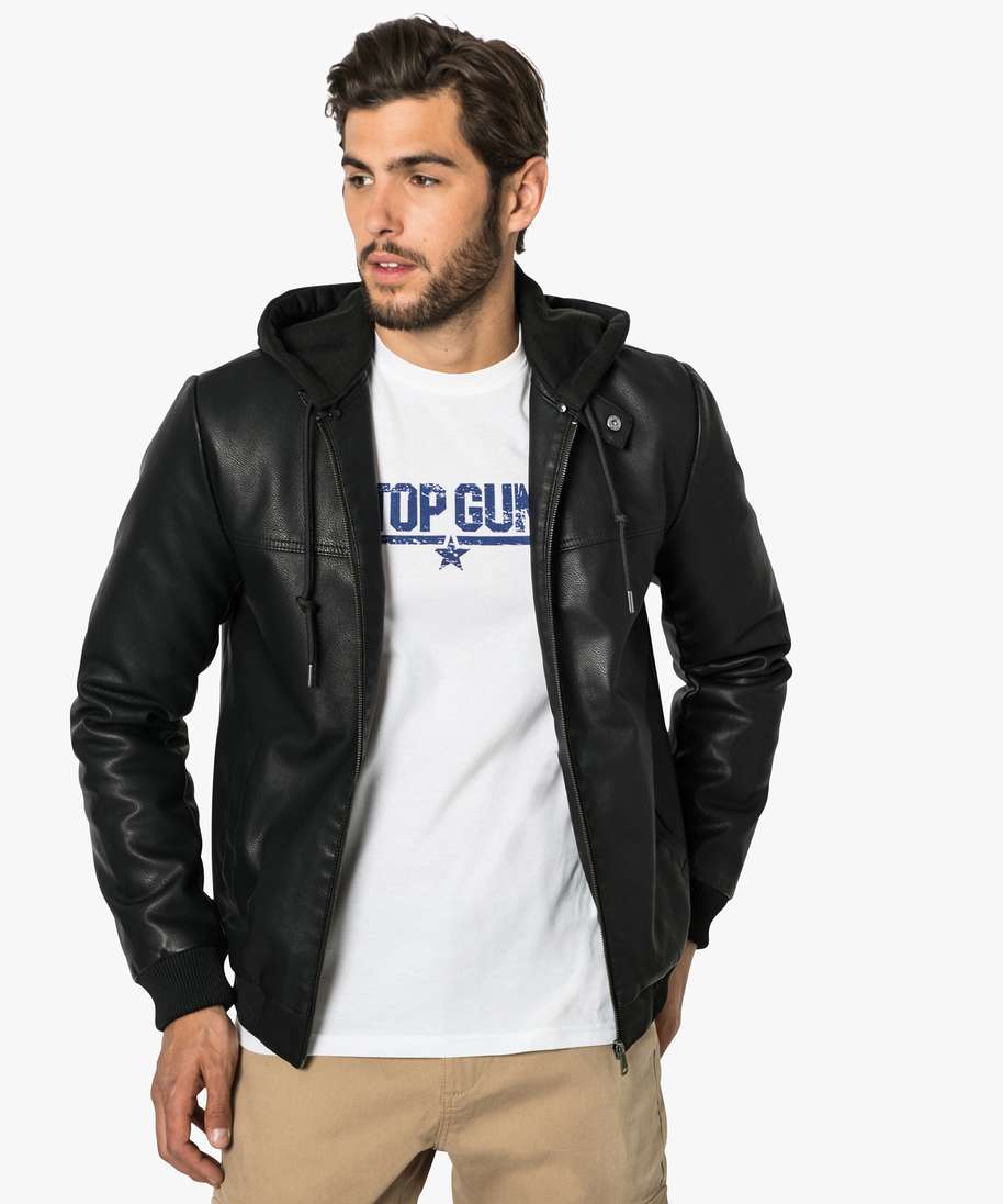 Blouson en cuir à capuche