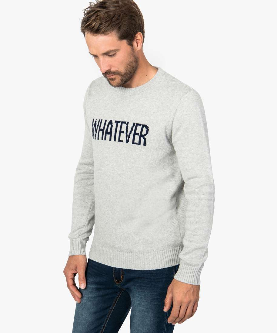 pull homme en maille fine avec inscription contrastante gris pulls homme GEMO