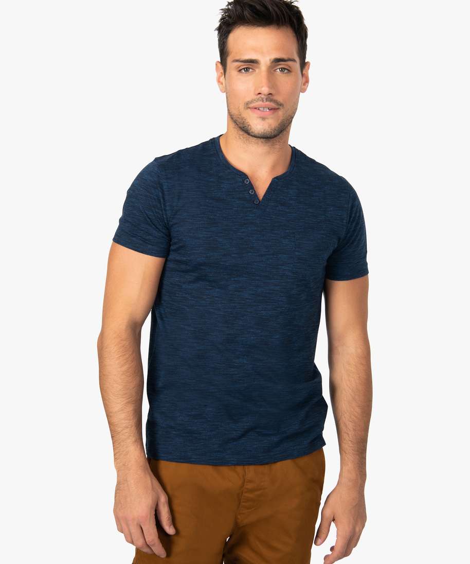 tee shirt homme regular fit manches courtes et col tunisien bleu tee shirts homme GEMO