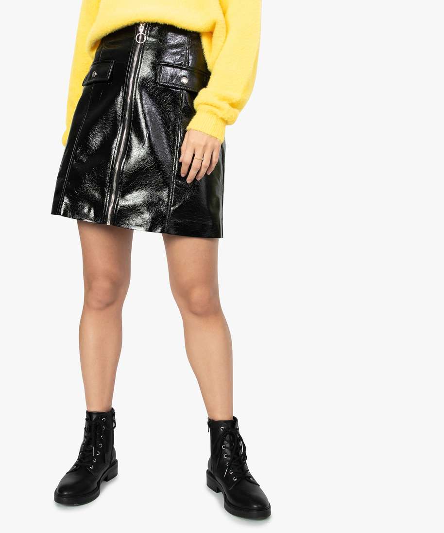 jupe femme imitation cuir brillant avec fausses poches noir jupes