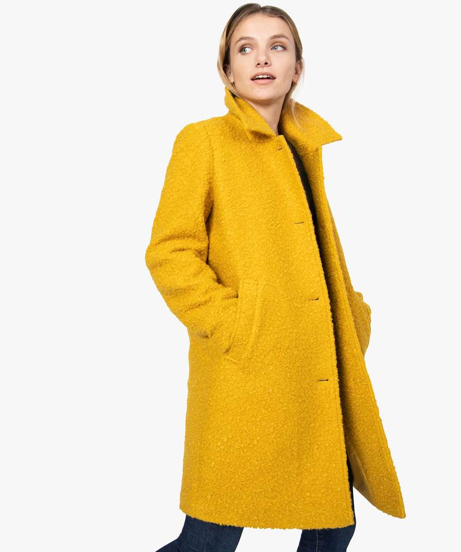 manteau femme mi-long en maille bouclette jaune manteaux