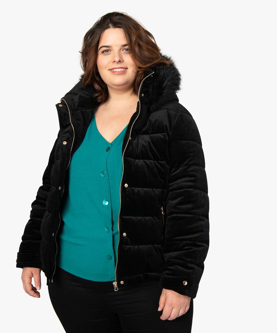 parka femme en velours avec capuche duveteuse noir vestes et manteaux femme  | GÉMO