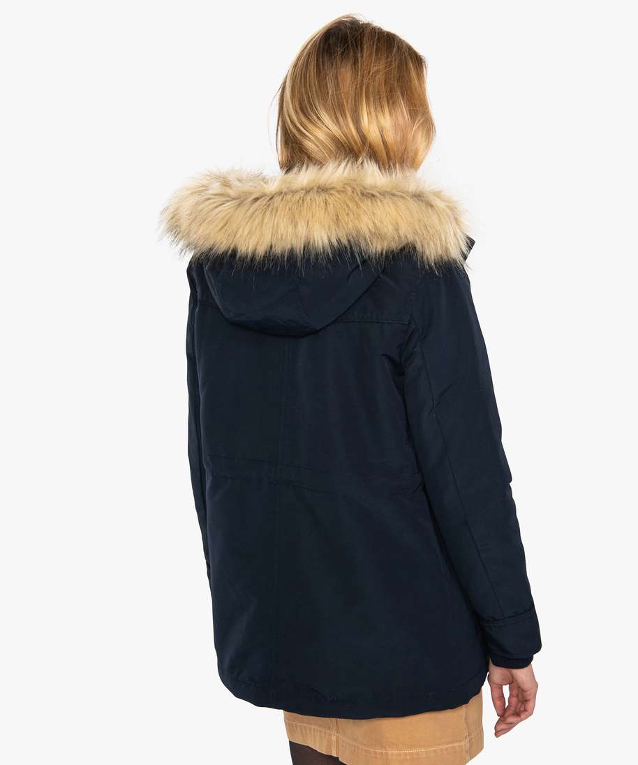 manteau femme avec doublure chaude et capuche a bordure amovible bleu parka femme GÉMO