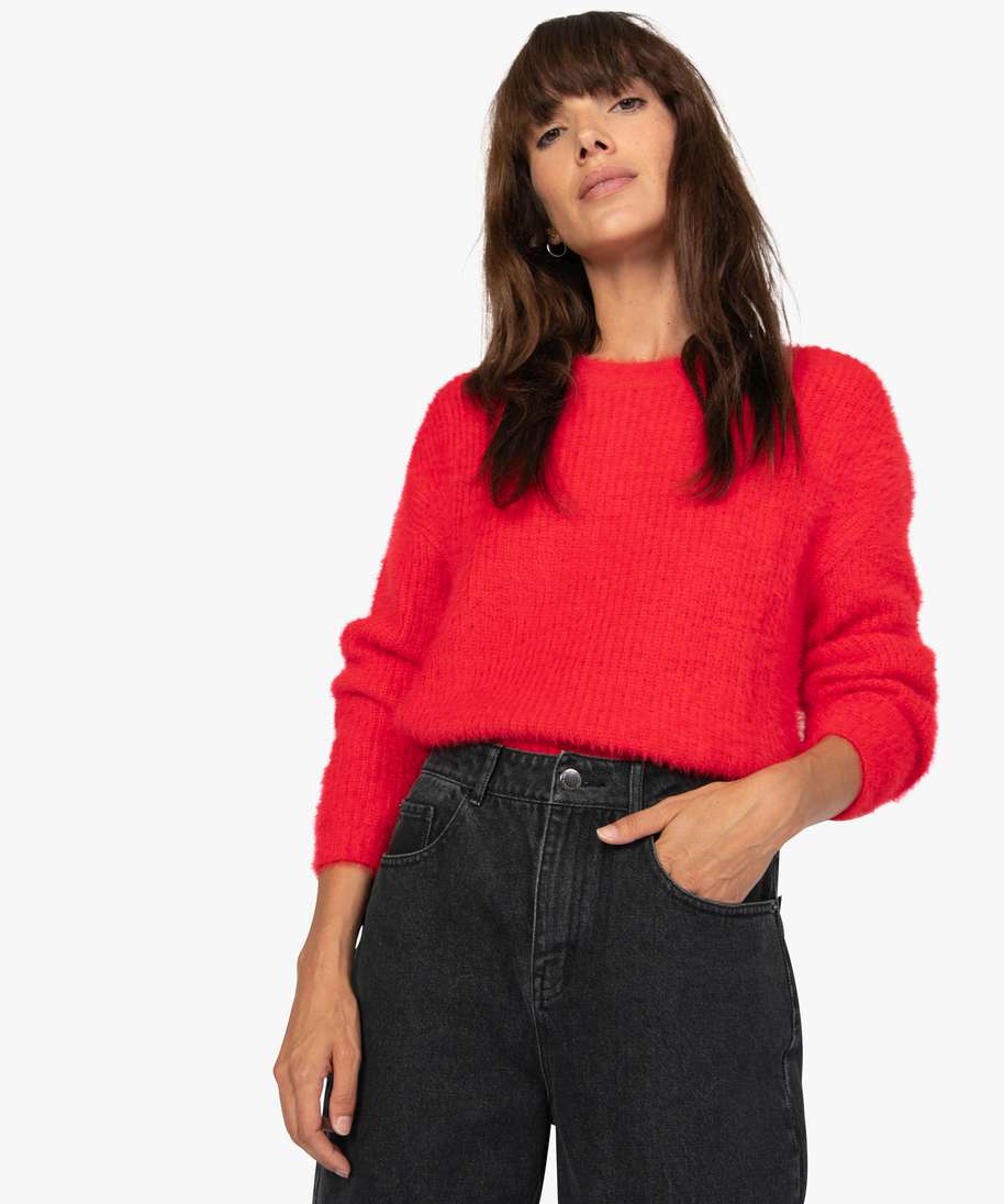 pull en maille duveteuse avec col v zippe rouge pulls femme