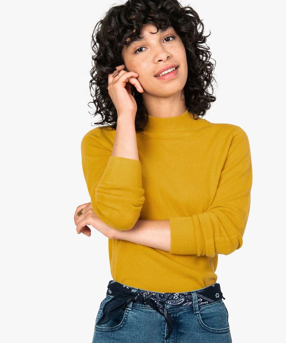 pull femme col montant coloris uni jaune pulls femme GEMO