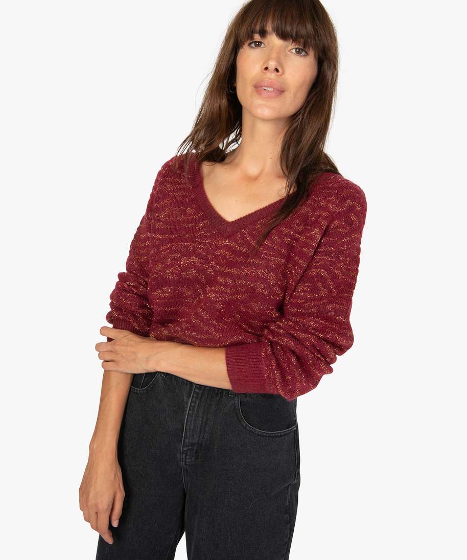 pull femme a col v avec fil paillete rouge pulls femme